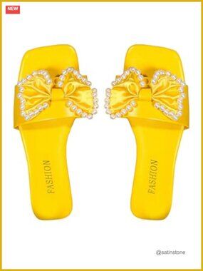 Women's Bow Pearl Flat Sandals Dressy Square Open Toe Leather Flats